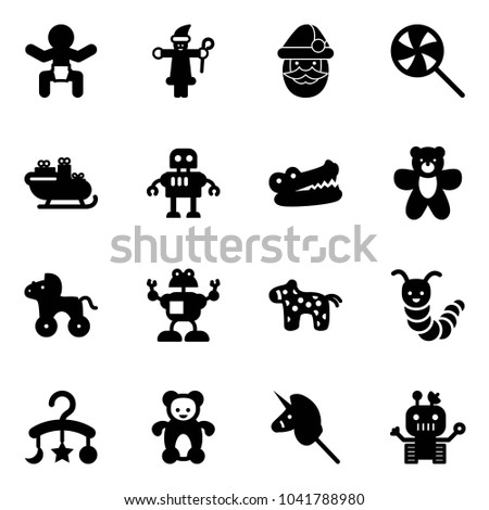 Solid vector icon set - baby vector, santa claus, lollipop, sleigh, robot, crocodile, bear toy, wheel horse, caterpillar, carousel, unicorn stick