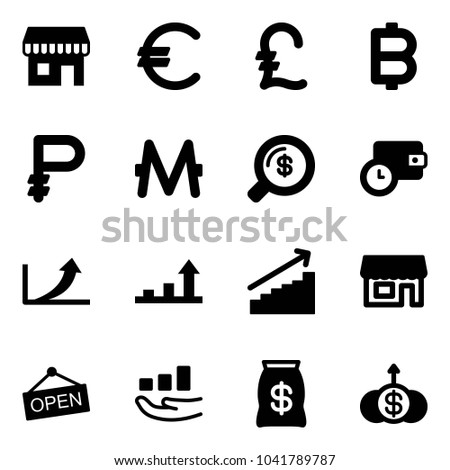 Solid vector icon set - duty free vector, euro, pound, bitcoin, ruble, monero, money search, wallet time, growth arrow, store, open, bag, dollar