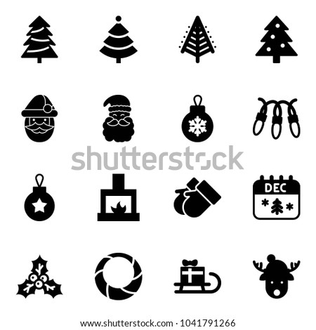 Solid vector icon set - christmas tree vector, santa claus, ball, garland, fireplace, gloves, calendar, holly, wreath, sleigh gift, deer hat