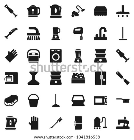 Flat vector icon set - vacuum cleaner vector, fetlock, mop, bucket, sponge, car, rubber glove, water tap, kettle, spatula, microwave oven, double boiler, blender, fridge, washer, mixer, coffee maker