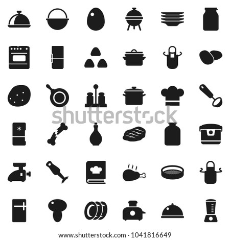 Flat vector icon set - plates vector, pan, camping cauldron, oil, cook hat, apron, ladle, cookbook, spices, blender, bbq, sieve, dish, jar, cereal, egg, mushroom, potato, steak, chicken leg, fridge