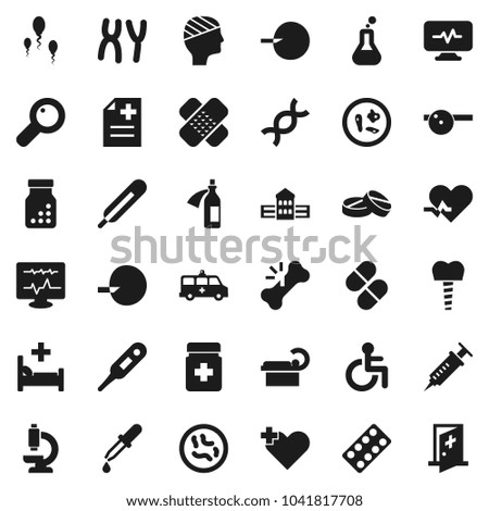 Flat vector icon set - school building vector, disabled, heart pulse, cross, thermometer, flask, dna, magnifier, insemination, syringe, dropper, broken bone, patch, pills, bottle, blister, microbs