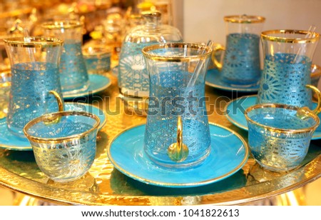 Traditional Turkish tea sets souvenirs on the market.    