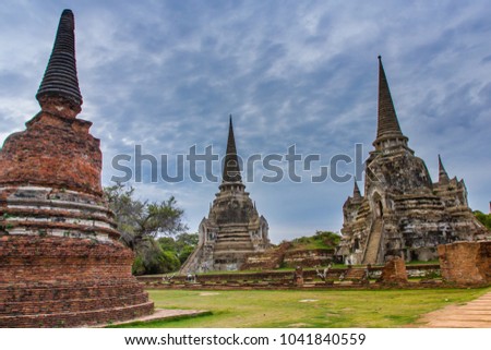 The architecture of Wat Phra Si Sanphet was the holiest temple on the site of the old Royal Palace in Thailand's ancient capital of Ayutthaya, Ayutthaya historical park, Thailand