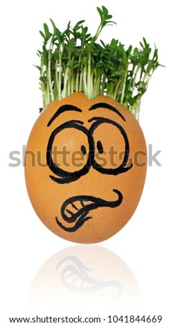 Hand painted Easter egg in a funny, terrified, frightened, surprised, face of a guy with cress like hair. The watercress stylized for the hairstyle of the character. Egg in a natural color on a white 