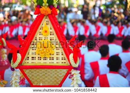 Beauty contemporary Thai worship decor with bee wax and bamboo wood for pay respect to diva. the picture have space on right for text is useful for invention card in Oriental and Thai style event.