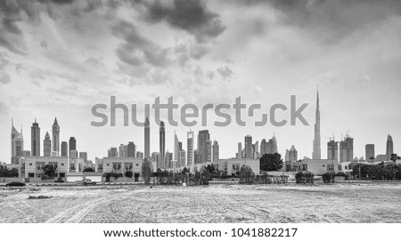 Black and white panoramic picture of Dubai skyline, United Arab Emirates.