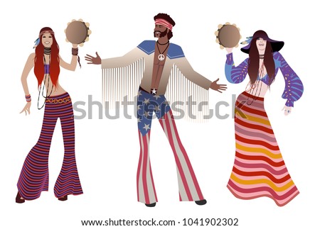 Group of three, two girls playing tambourines and a boy wearing hippie clothes of the 60s and 70s