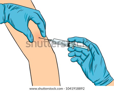 Injection of medicine with syringe in hand pop art retro raster illustration. Medical procedure. Isolated image on white background. Comic book style imitation.