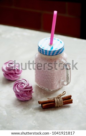 Pastel picture. Delicious dessert in pink tones. Marshmallow and milk strawberry cocktail