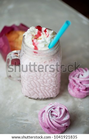 Pastel picture. Delicious dessert in pink tones. Marshmallow and milk strawberry cocktail