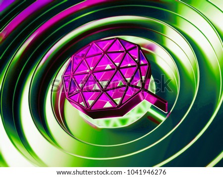 Glamorous Pink QTUM Symbol on the Green Background. 3D Illustration of Pink QTUM Logo in the Style of Cartoon Comics.