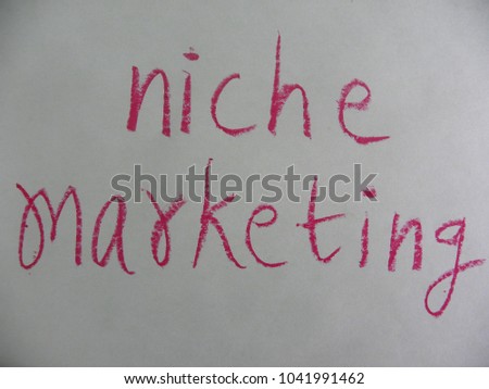Text niche marketing hand written by crimson oil pastel on white color paper