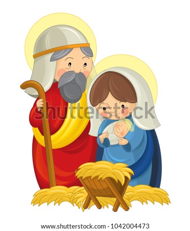 cartoon scene with joseph and mary with jesus on white background - illustration for children