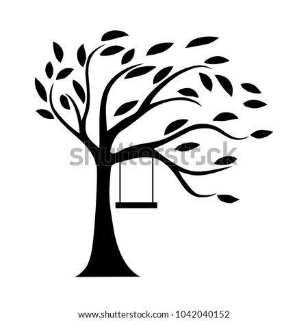 Silhouette of a tree with a swing in black. Flat design.
