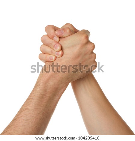 Man and woman in arm wrestlin, white background