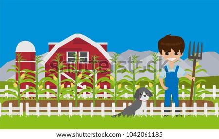 young farmer man and a dog with his corn farm. cartoon vector.