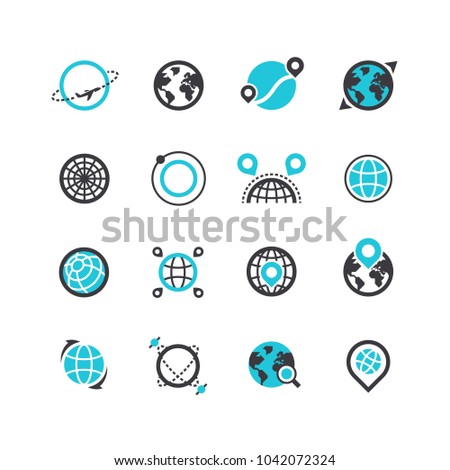 Black silhouette and line icons of planets and global positioning system. Tracks and routes. Vector logos.
