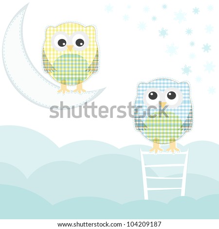 Card with two owls on branch at day. vector