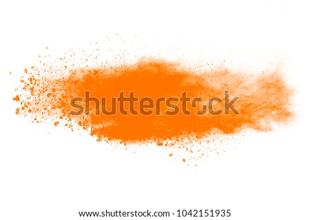 Orange powder particles explosion.   color dust splash for fashion background, luxury wallpaper. Magic mist glowing. Powdered vivid orange on white background.