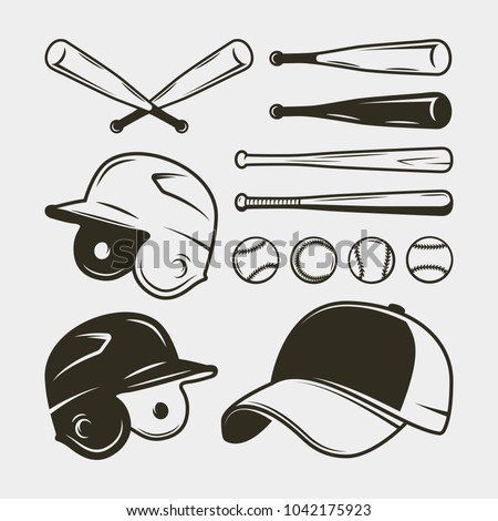 set of baseball equipment and gear. bat, helmet, cap, balls. sport design elements for logotypes and emblems. vector illustration Royalty-Free Stock Photo #1042175923