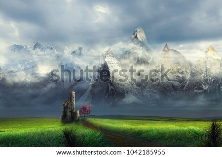 castle in front of mountain stream ice with clouds on a grass