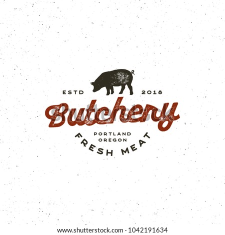 vintage butchery logo. retro styled meat shop emblem, badge, design element, logotype template. vector illustration Royalty-Free Stock Photo #1042191634