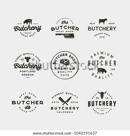 set of vintage butchery logos. retro styled meat shop emblems, badges, design elements, logotype templates. vector illustration Royalty-Free Stock Photo #1042191637