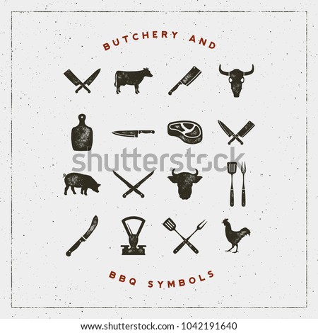 set of butchery and barbecue symbols with letterpress effect. hand drawn design elements. vector illustration Royalty-Free Stock Photo #1042191640