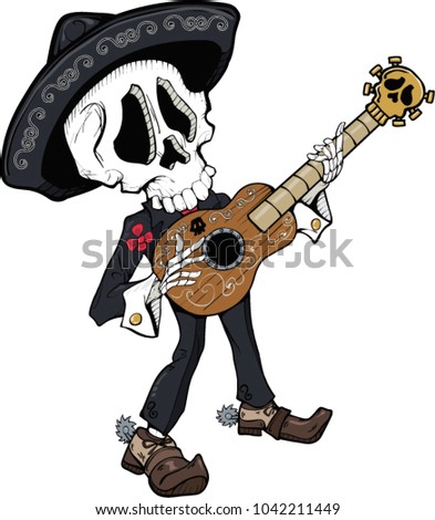 Skeleton mariachi playing the guitar for Dia de los Muertos