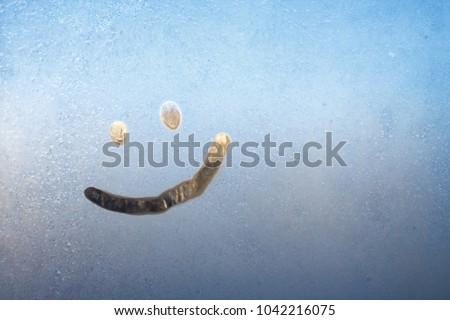 Smiley drawn on the foggy glass on window Royalty-Free Stock Photo #1042216075
