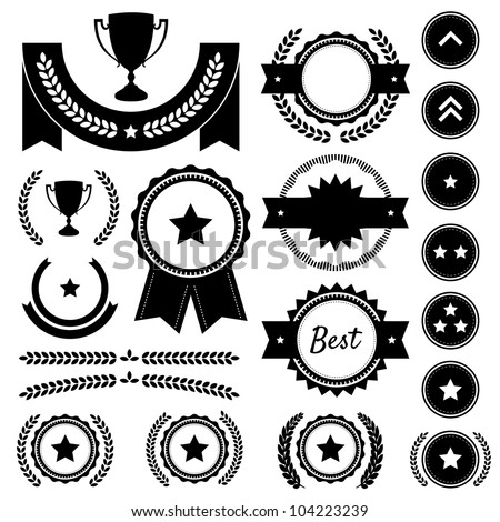 Set of achievement award silhouettes. Includes various badges, ranks, emblems, wreaths, star awards, achievement trophy, and victory banners. Great to represent winners in a competition. Vector EPS10.