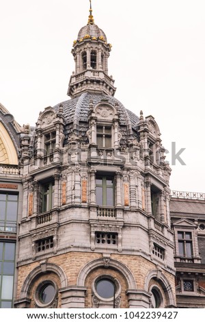 the restored fa ade of the famous Central train station Antwerpen