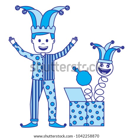 clown man standing with surprise box and emoticon cushion
