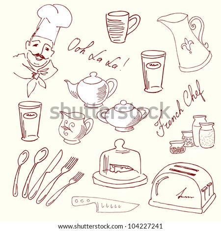 Delicious food doodles and a lovely chef. French cuisine.