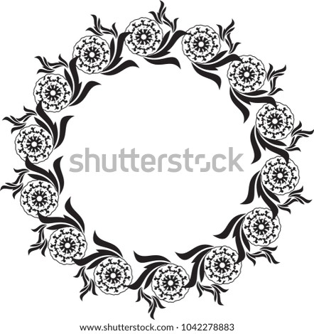 Black and white round frame with floral silhouettes. Copy space. Raster clip art.