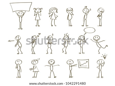 Set of stick figures in different poses and emotions.  Royalty-Free Stock Photo #1042291480