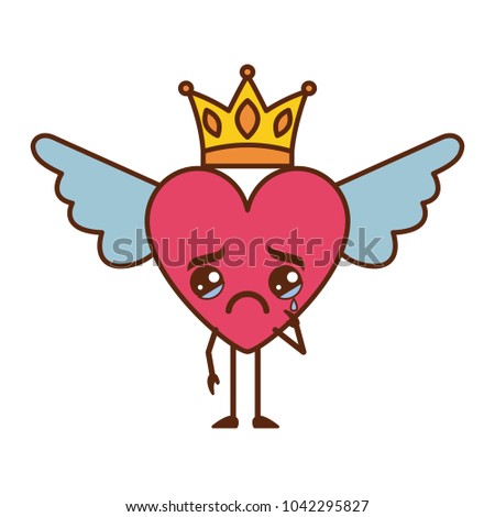 cartoon heart in love crying kawaii wings and crown