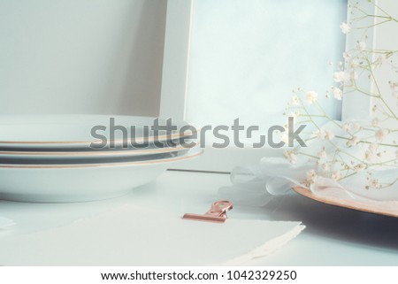 Styled stock photo. Feminine wedding desktop with baby's breath Gypsophila flowers and silk ribbon. Empty space. Image for blog.