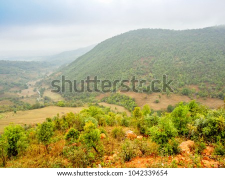 View from above of  a rugged trees on a slope in a blur view of a river in a valley between mountains and rice fields from afar under hazy sky