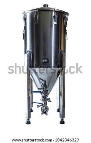Small Nano Brewing Conical Beer Fermenter in Stainless Steel Isolated on White Background Royalty-Free Stock Photo #1042346329