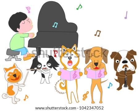 A dog's concert. Children and dogs are singing and playing instruments.
