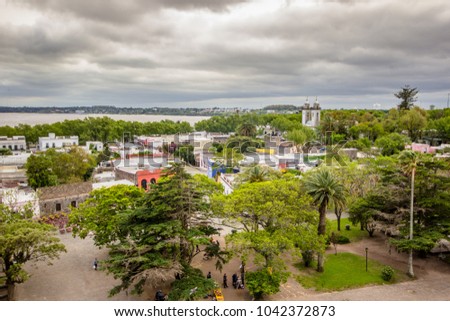 An aerial view of historic Colonia del Sacramento, Uruguay as seen from the lighthouse Royalty-Free Stock Photo #1042372873