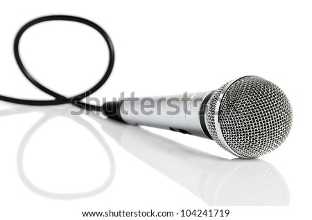 Silver microphone with black wire isolated on white
