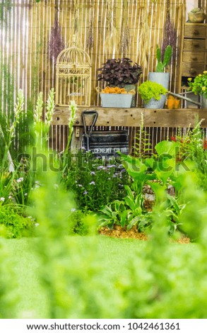 Relaxing area with garden object decoration on table in cozy garden on summer.