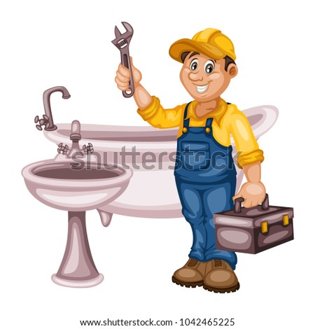 Plumbing Specialist with Toolbox Fixing, Repairing Washing Machine. Cartoon Vector Illustration Isolated on White background. Plumber, Plumbing Specialist Fixing, Repairing Washing Machine Royalty-Free Stock Photo #1042465225
