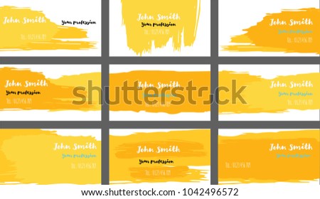 Brushstrokes Cool Painted Business Cards Vector Set. Watercolor Lines, Smears, Hipster Corporate Identity. Trendy Funky Colored Banners, Music Poster Background. Creative Hand Painted Business Cards.