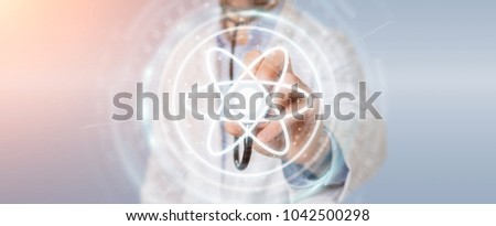 Doctor on blurred background using digital molecule interface 3D rendering