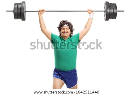 Retro sportsman lifting a barbell isolated on white background
