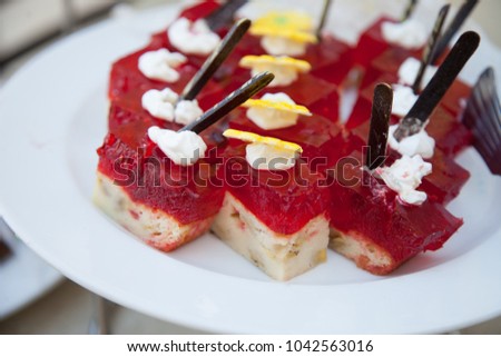 Delicious sweets. Dessert plate. Bakery and restaurant deserts. Sweet food, buffet. Unhealthy food. Pieces of cake. Delicious